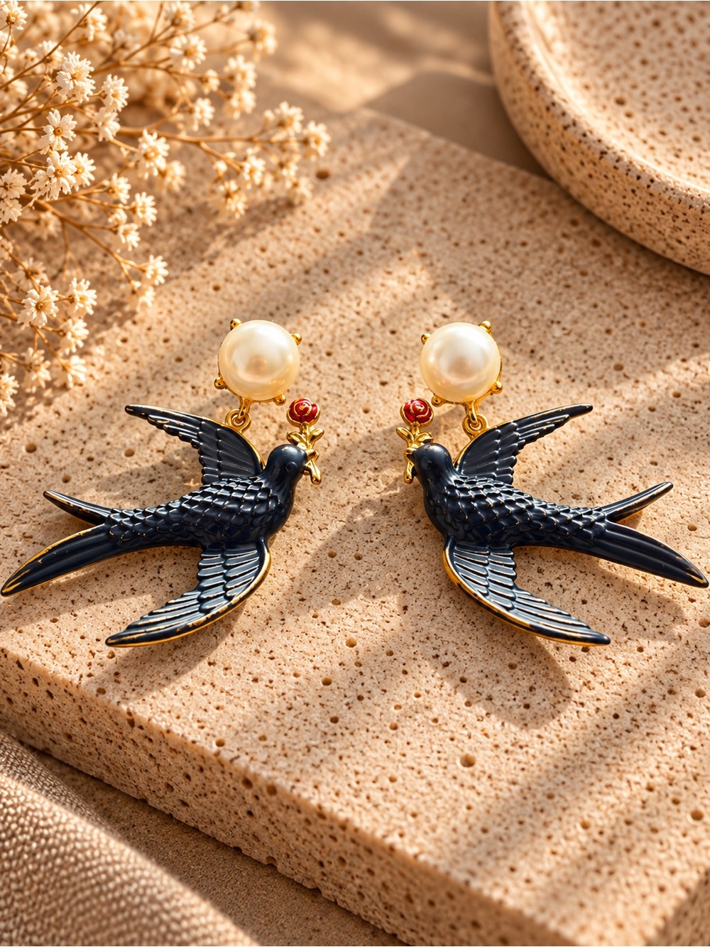 Pearl Top Black Swallow Drop Earrings